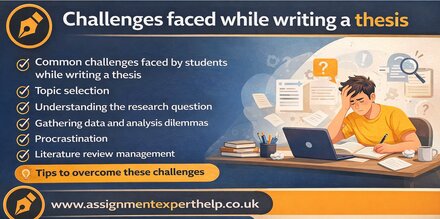 Common challenges faced by students while writing a thesis including research, time management, and data collection.