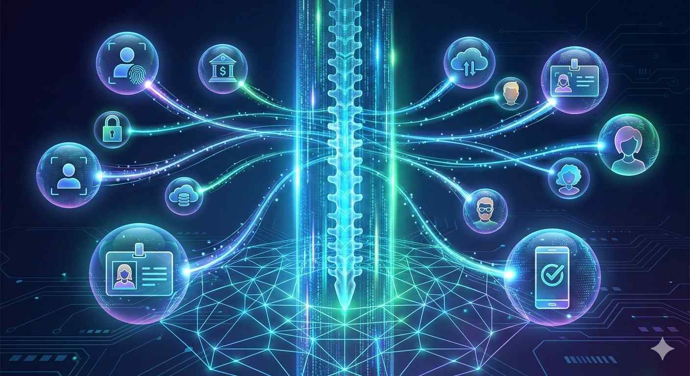 Abstract digital backbone representing the infrastructure of identity proofing and secure online authentication.